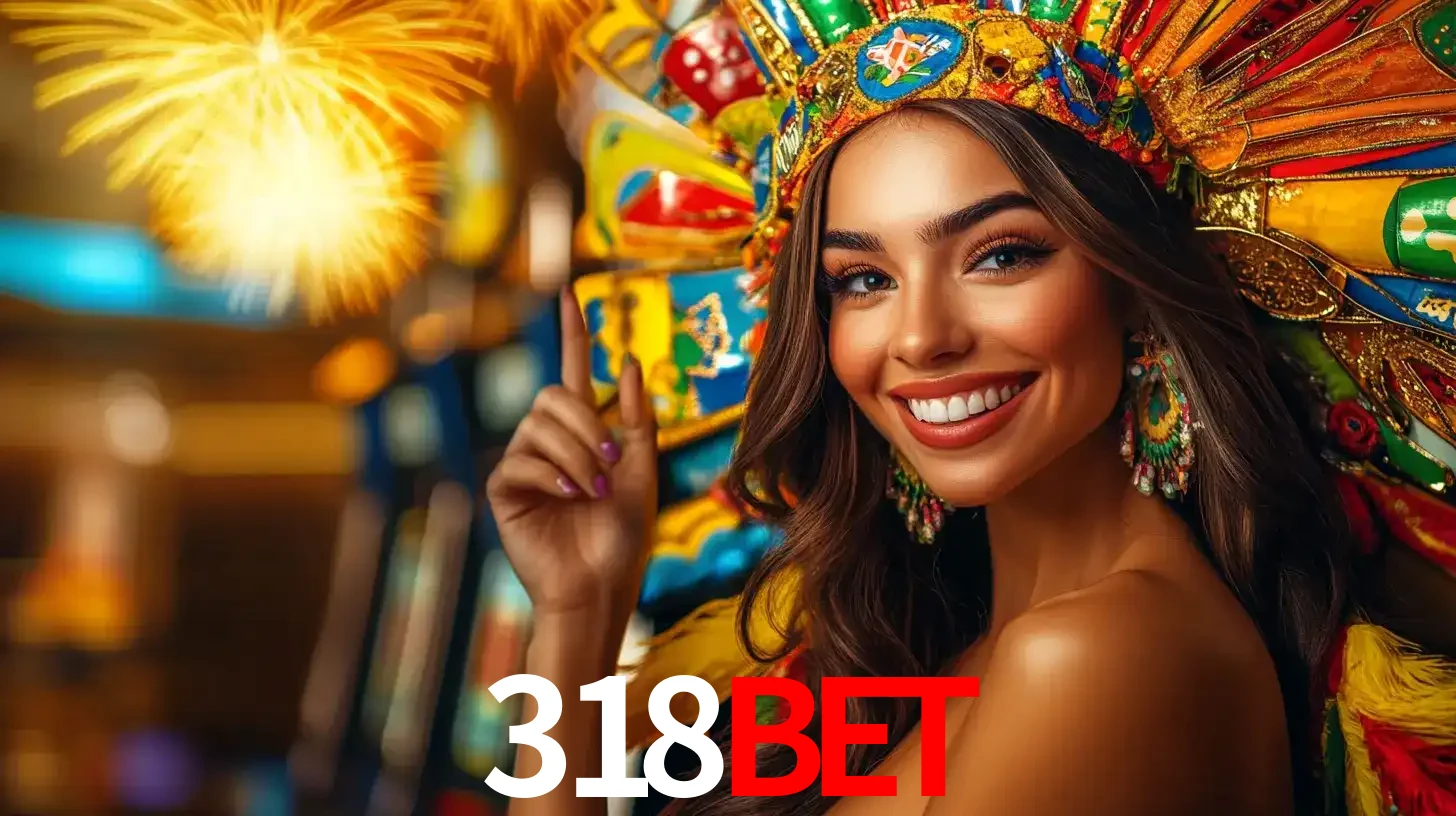 Mulher sorridente com um cocar de carnaval vibrante e colorido, celebrando uma grande vitória nos jogos do cassino 318BET com fogos de artifício ao fundo.