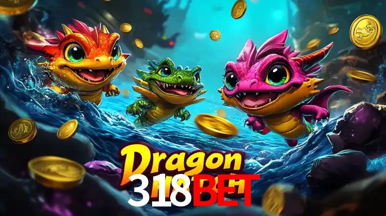 Arte promocional do jogo Dragon Hatch com três adoráveis dragões bebês nadando entre moedas de ouro, um dos slots mais divertidos para jogar no cassino 318BET.