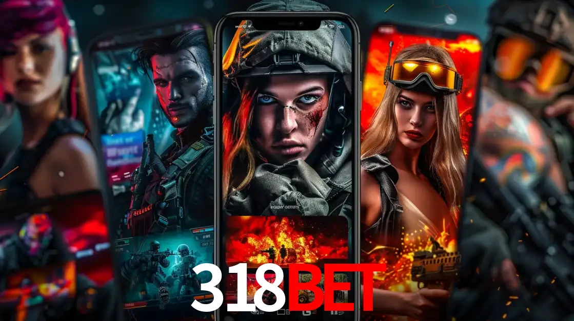 Montagem de telas de celular mostrando diversos personagens, masculinos e femininos, de um jogo de tiro, ilustrando a diversidade de equipes de e-sports para apostar no 318BET.