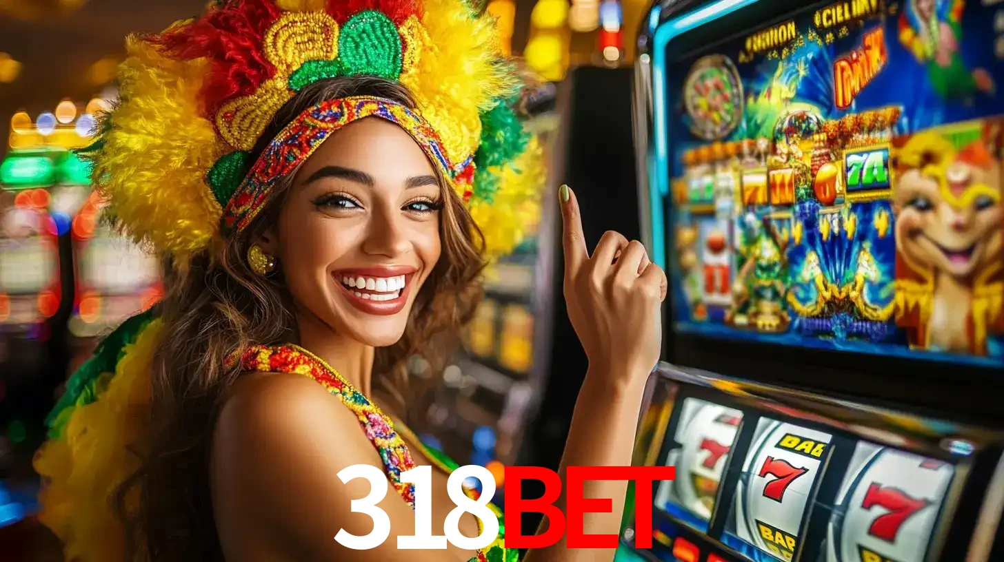 Mulher animada com um cocar de carnaval apontando para uma máquina de caça-níqueis, mostrando a emoção de ganhar um grande prêmio nos jogos do 318BET.