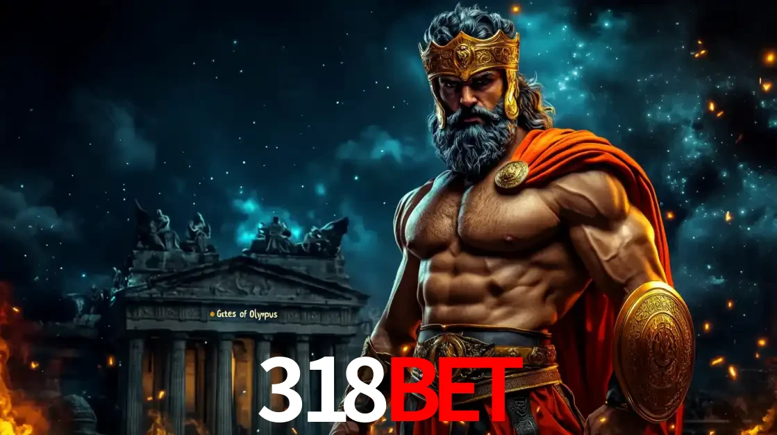 O poderoso Zeus do jogo de slot Gates of Olympus em frente ao seu templo, pronto para lançar multiplicadores divinos e prêmios épicos no cassino online 318BET.