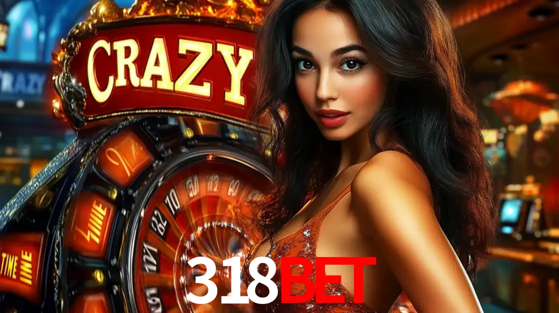 Mulher glamourosa olhando para a câmera com a roda vermelha do Crazy Time ao fundo em um ambiente de cassino, destacando a emoção dos jogos ao vivo no 318BET.