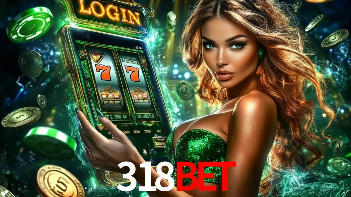 Mulher com tema verde apresentando o aplicativo do cassino 318BET com um jogo de slot de 777, cercada por fichas de cassino e uma aura de sorte.
