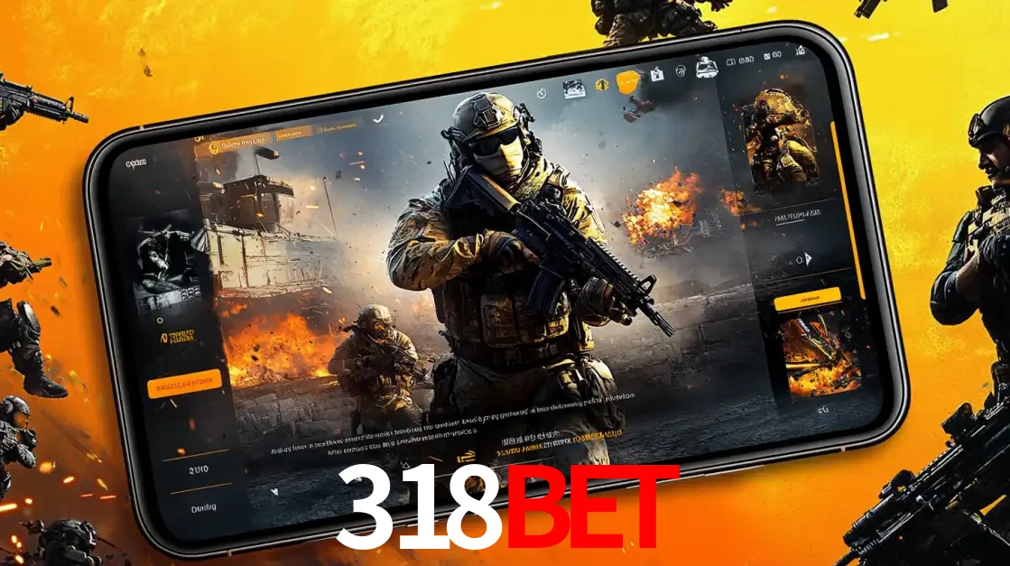 Um smartphone exibindo a interface de um jogo de tiro em primeira pessoa, com um soldado em um cenário de batalha, representando a ação dos e-sports para apostar no 318BET.