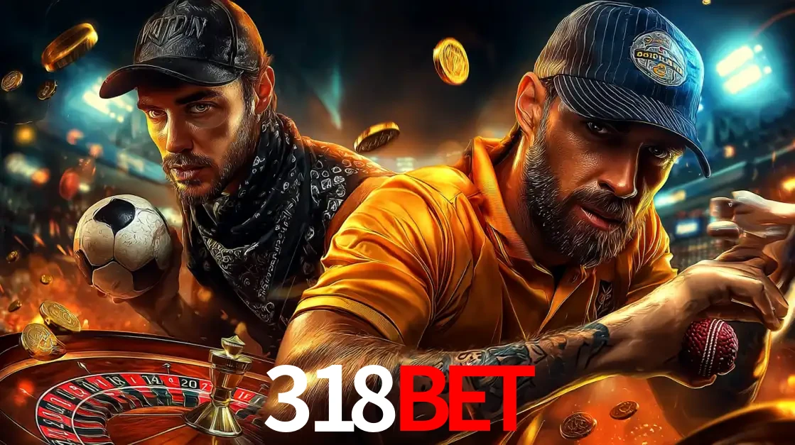 Montagem de apostas esportivas e cassino no 318BET, com um homem segurando uma bola de futebol e outro uma de beisebol sobre uma roleta e moedas voadoras.