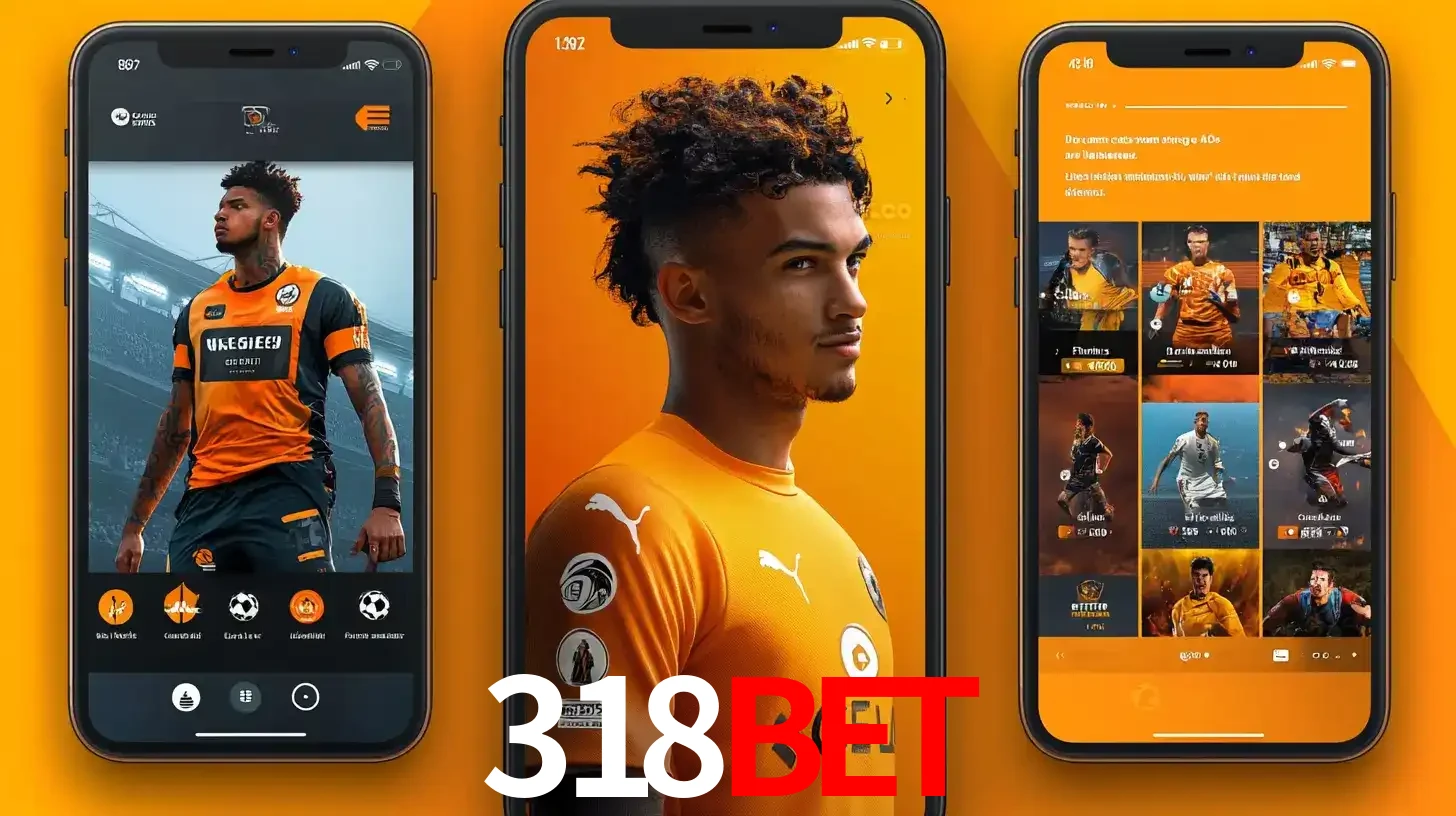 Interface do aplicativo de apostas esportivas 318BET em três telas de celular, mostrando o perfil de um jogador de futebol e a lista de jogos disponíveis para apostar.