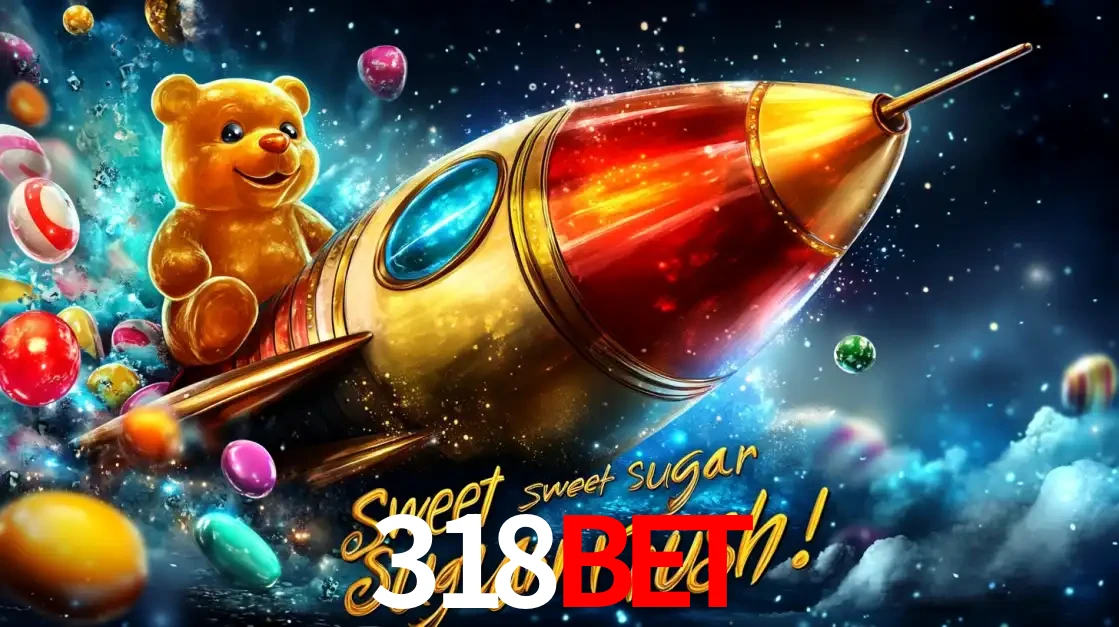 Arte promocional do jogo de slot Sugar Rush, com um urso de pelúcia em um foguete viajando pelo espaço de doces, um dos jogos divertidos disponíveis no cassino 318BET.