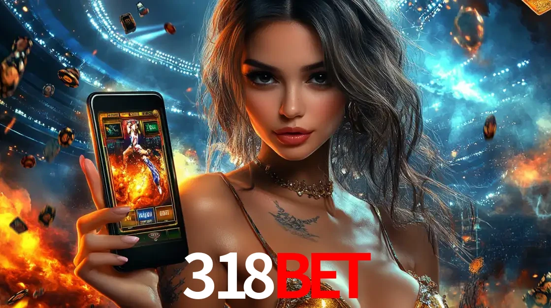Mulher segurando um celular com um jogo de slot em destaque, tendo como fundo um estádio vibrante, simbolizando a emoção de jogar no cassino móvel 318BET.