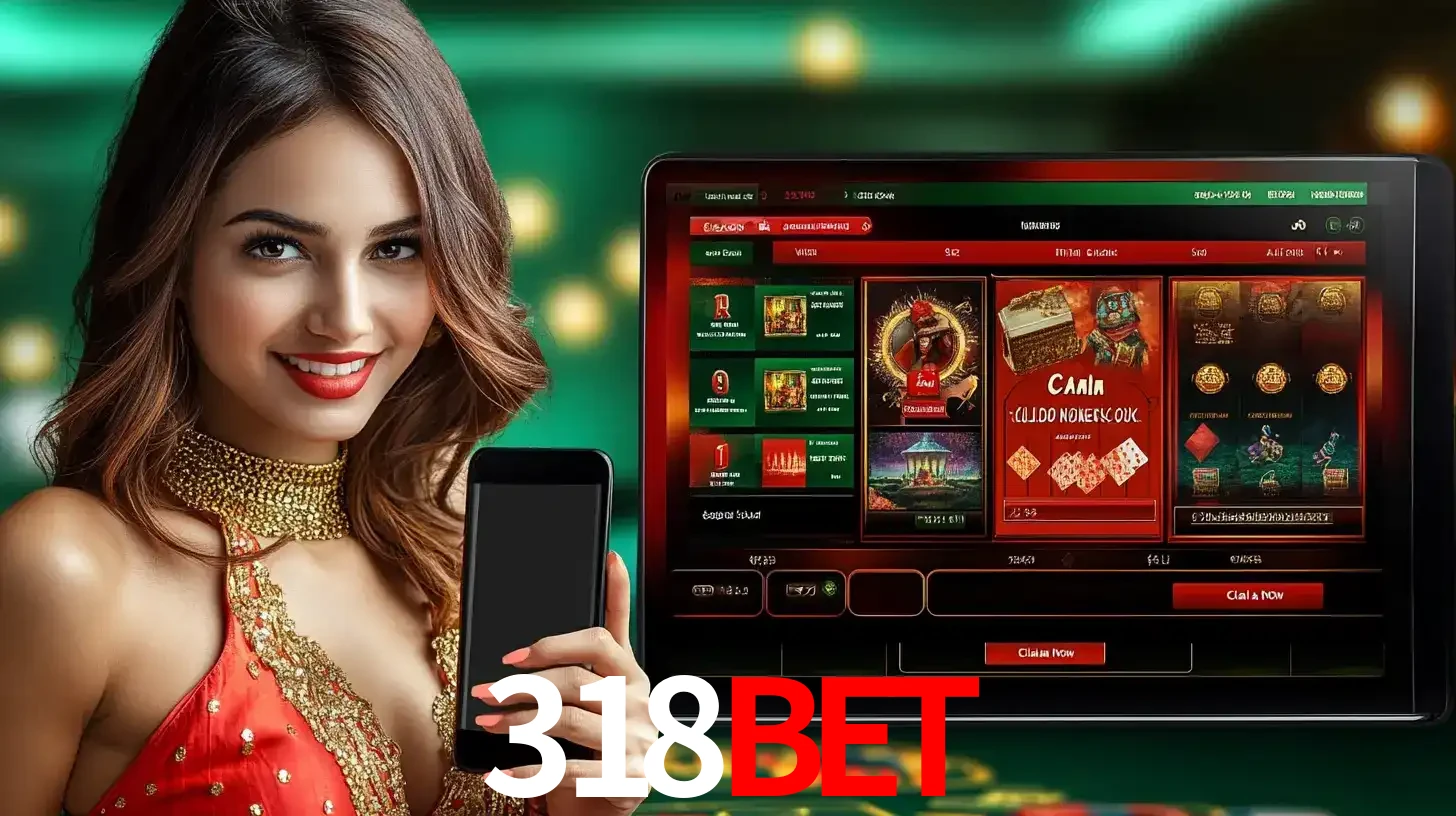 Mulher sorridente segurando um smartphone, ao lado de uma tela exibindo o lobby de jogos do cassino online 318BET, com várias opções de jogos de cartas e slots.
